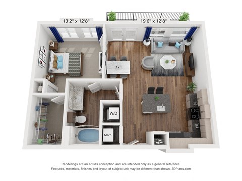 Floor plan for 1 bed, 1 bath, 826 sqft